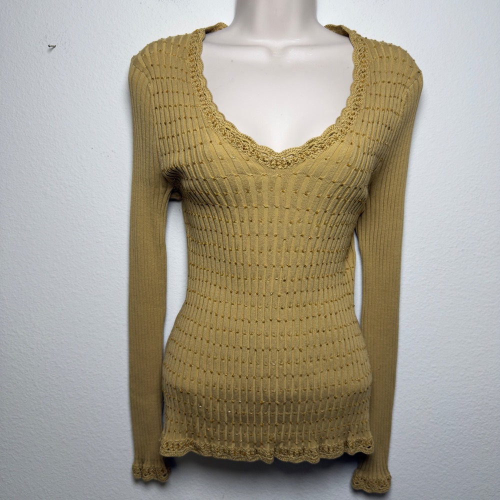 VTG Y2K Susan Lewis Wome Silk Indie Grunge Sweater Large Yellow Beaded Ribbed